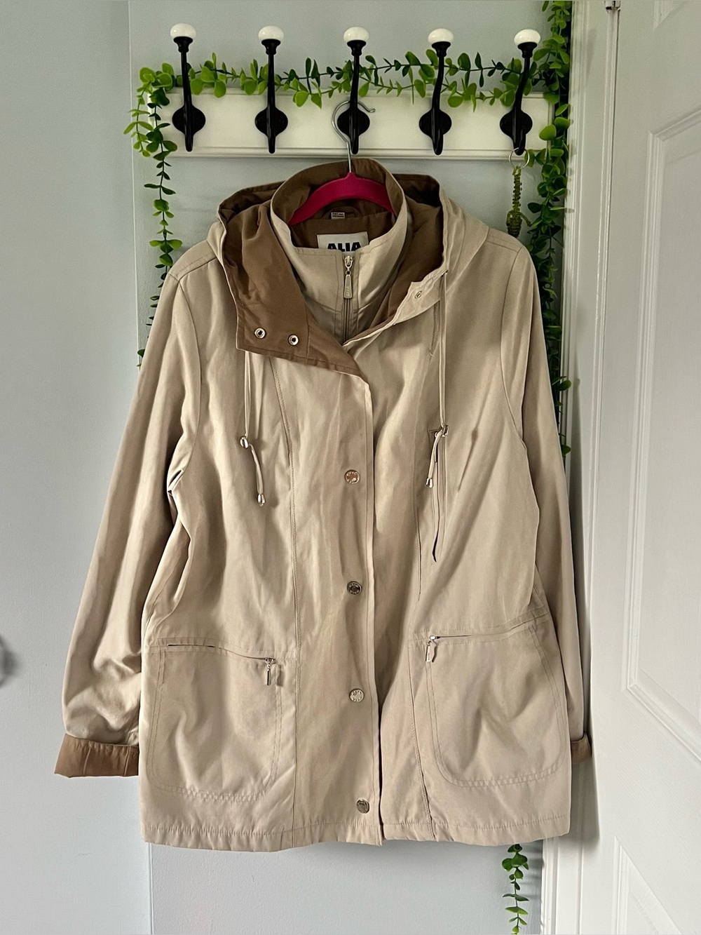 Alia Beige Hooded Utility Jacket with Brown Trim